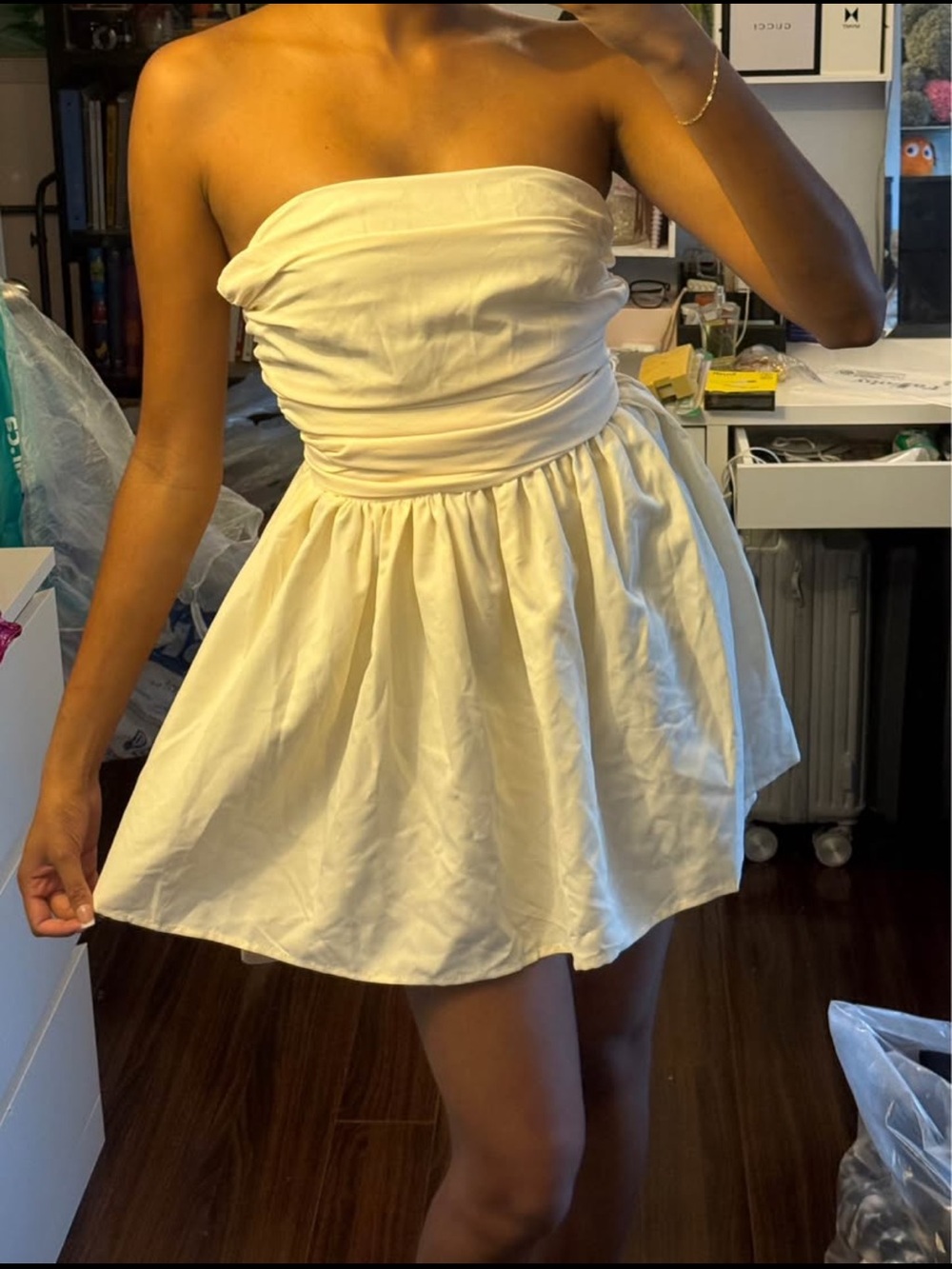 Strapless Cream Bow-Back Mini Dress Ruched - Picture 2 of 3